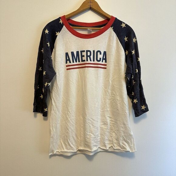 Alternative Earth Tops - Alternative Earth Womens America USA Red White and Blue 3/4 Sleeve Shirt Sz XL
